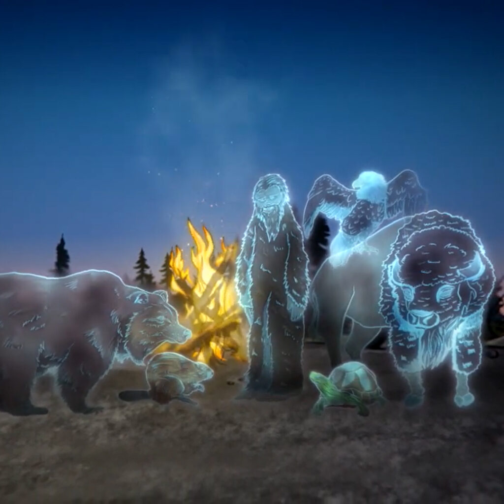 Animated scene of animals around a fire from the Seven Sacred Laws web series.