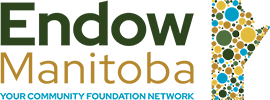 Logo: Endow Manitoba: Your community foundation network. Illustration of map of Manitoba decorated with multiple circles of various sizes in colours of yellow, green, blue, and black.