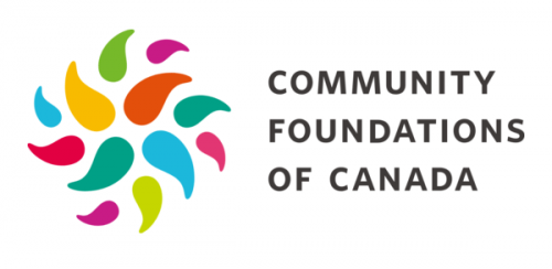 Logo: Community Foundations of Canada. Illustration of a pinwheel-like circle of various colours in yellow, pink, green, blue and green.