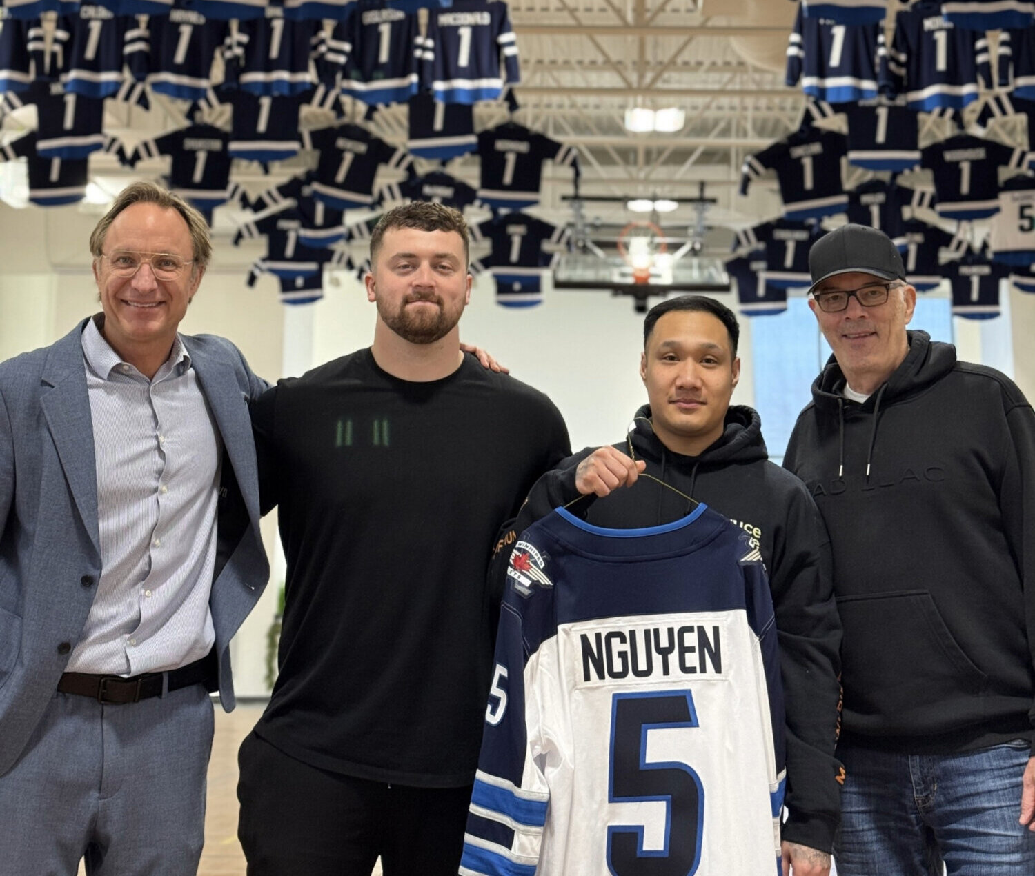 Celebrating a 5-year milestone at the Bruce Oake Recovery Centre featuring Greg Kyllo, Executive Director of Bruce Oake, Duncan McGovern, Phung Nguyen, and Scott Oake.